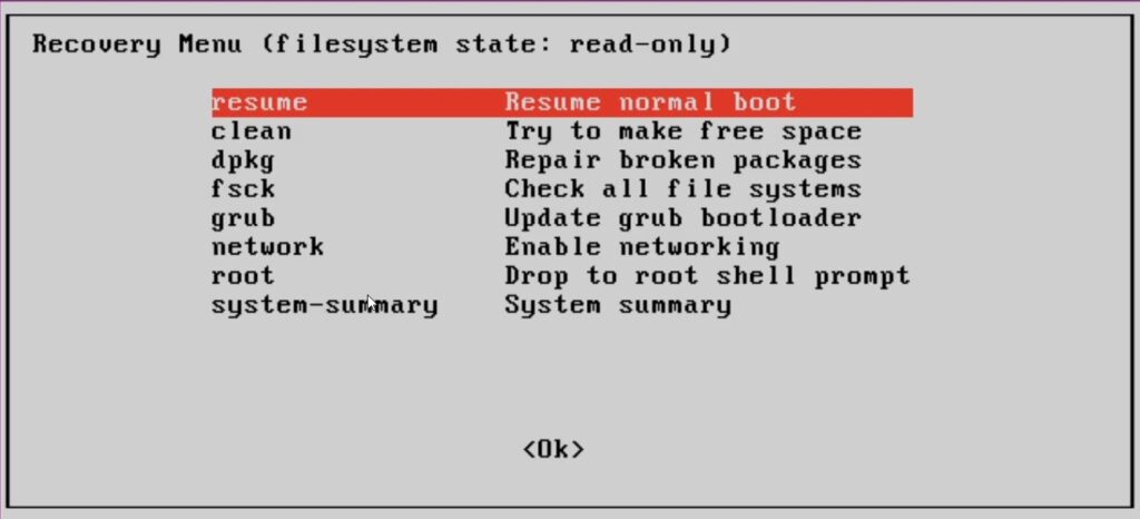 Recovery Menu - Reset Password Root